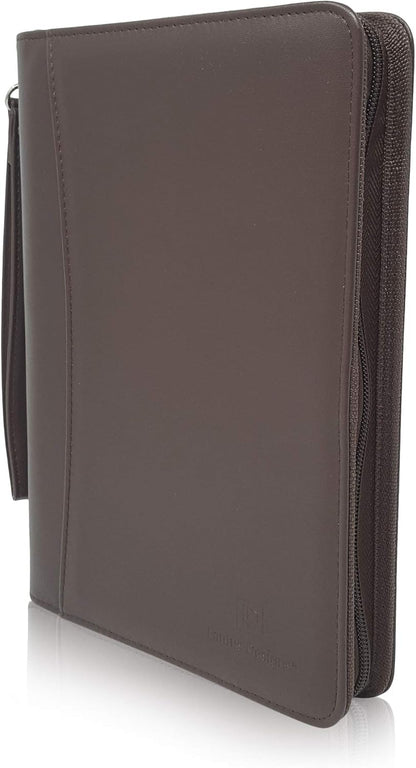 Zippered Portfolio Binder with Junior Legal 5x8 Notepad - Dark Brown PU Faux Leather Business Padfolio Organizer Folder with 8 Inch Tablet Sleeve & Gift Box by Lautus Designs