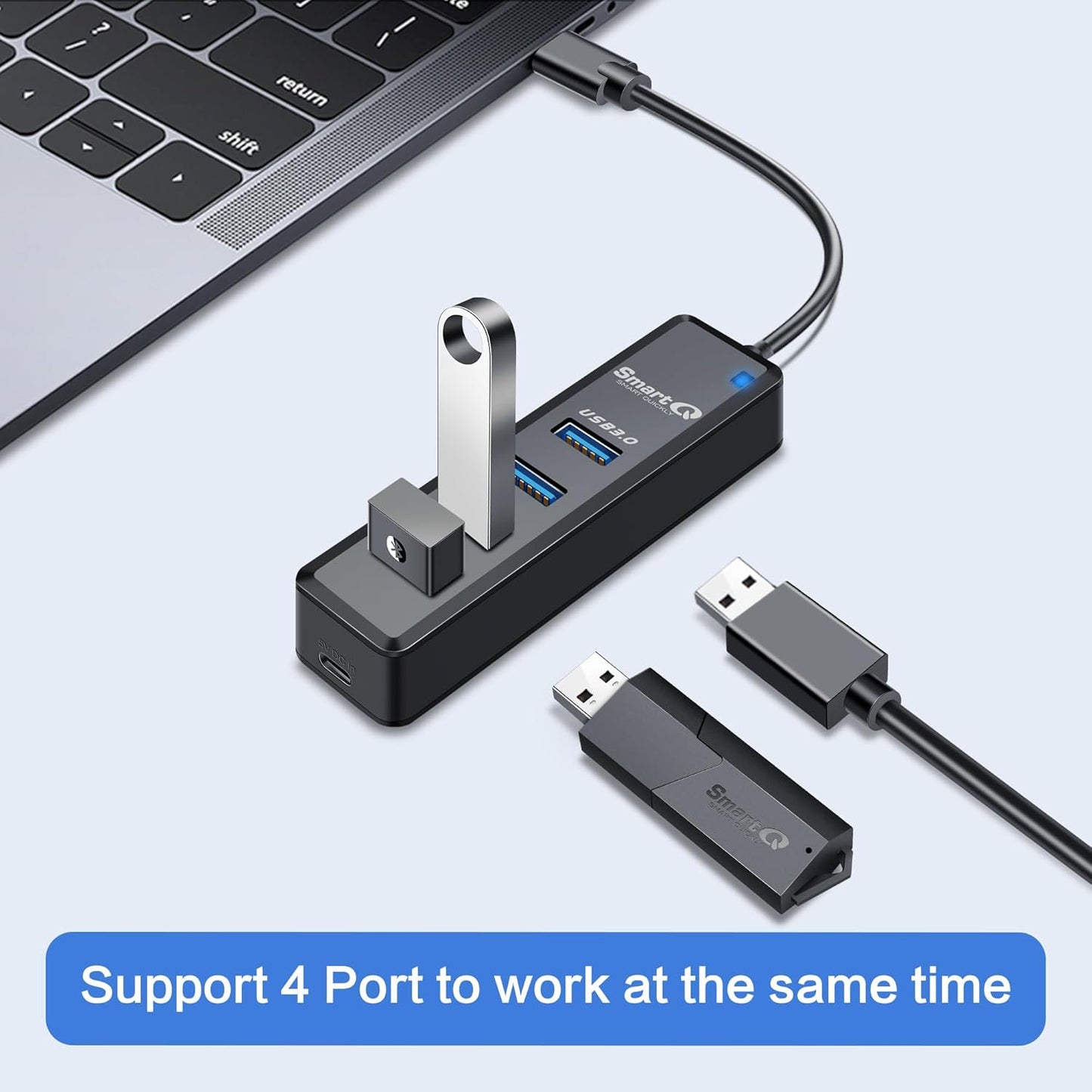 SmartQ H302 4-Port USB 3.0 Hub Long Cable 1ft 3ft with Micro-B Charging Port, Fast Data Transfer USB Hub, Compatible Windows PC, Mac, Surface Pro, Laptop, Printer (USB C - 0.5ft)