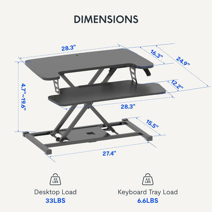 FLEXISPOT Standing Desk Converter 28" Wide Height Adjustable Sit Stand Riser, Small Size Desktop Workstation with Keyboard Tray for Home and Office, Black