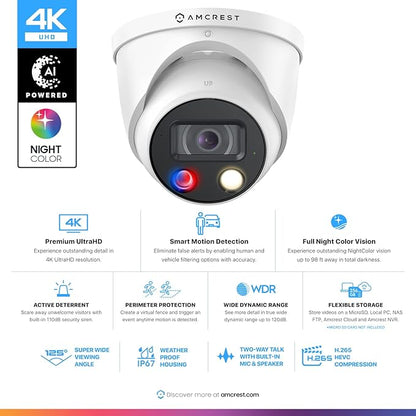 Amcrest UltraHD 4K (8MP) IP POE AI Camera, 4K @30fps, 98ft Night Color Vision F1.0, Security Outdoor Turret Camera, Vehicle & Human Detection, Active Deterrents, Two-Way Audio, IP8M-DT3949EW-3AI