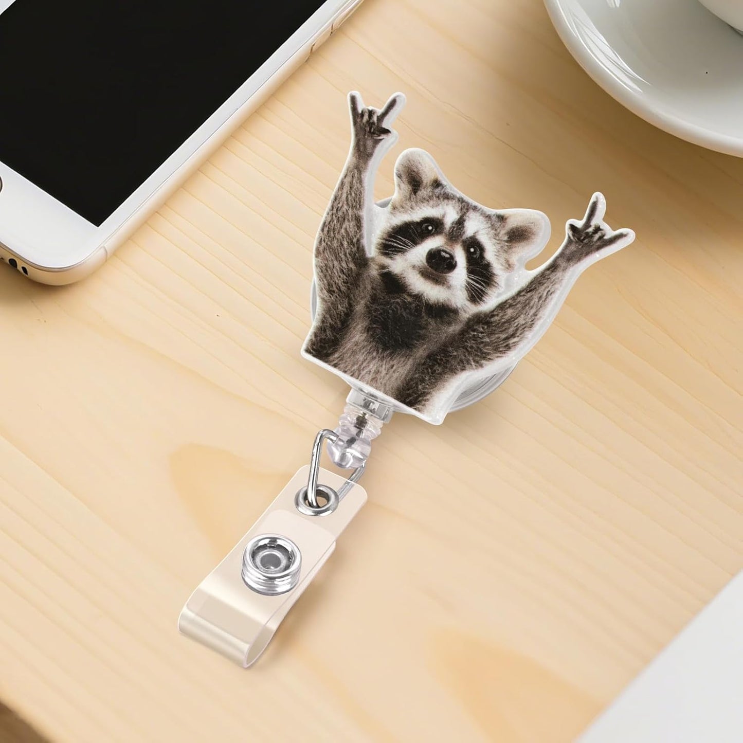 Cute Badge Reel, Funny Raccoon Badge Holder, Nurse Name Badge Reel with Retractable Clip, Medical Worker ID Card Holders, Pediatric Nursing Accessories for Nurse Doctor Student Teacher Office