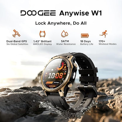 DOOGEE Anywise W1 Mens Smart Watch, 5ATM Dual-Band GPS Fitness Tracker, 1.43'' Smart Watches for Android and iPhone, 170+ Sports Modes, Answer/Make Calls/18 Days Battery/Led Flashlight/Compass/2 Strap