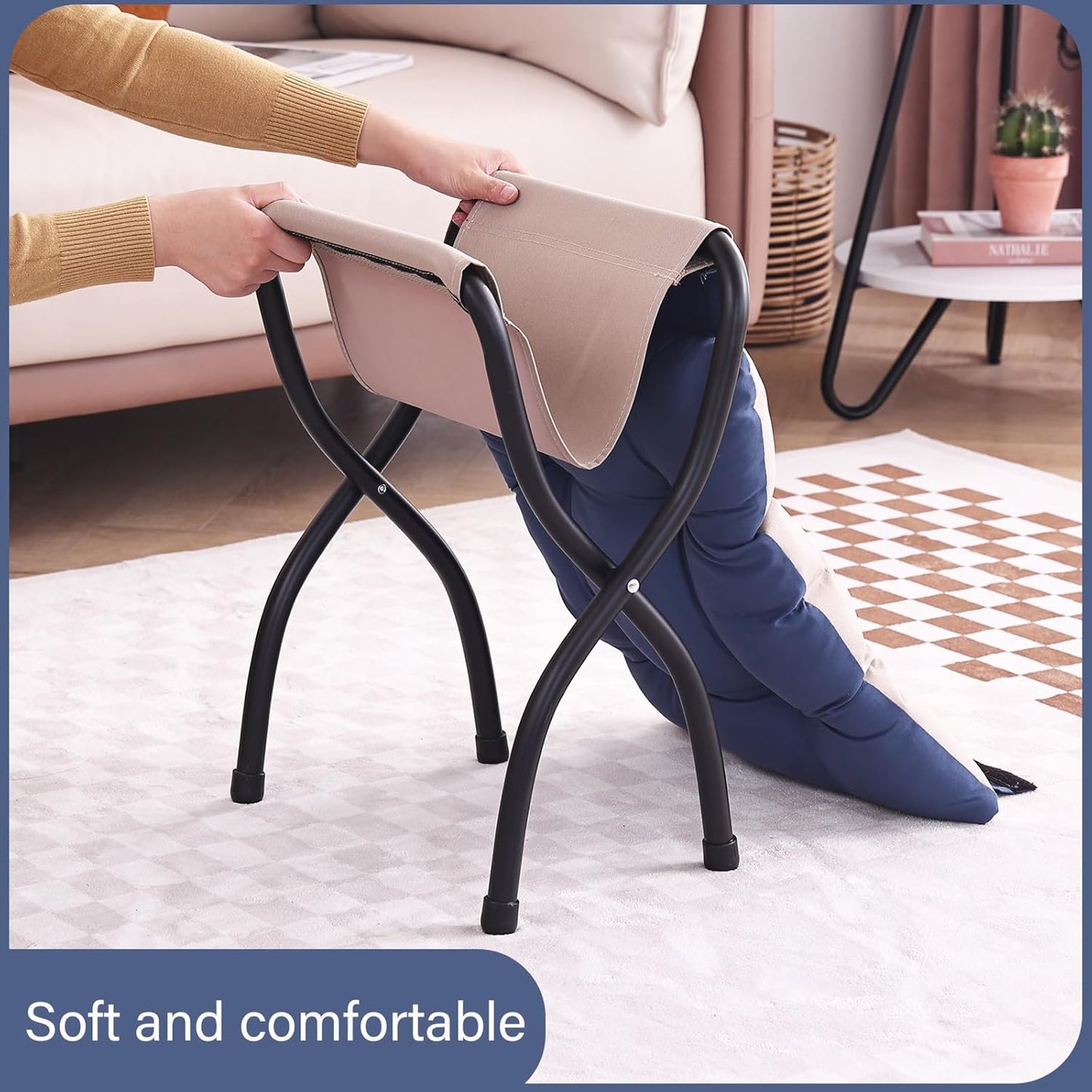 LITA Folding Upholstered Footrest Stool, Modern Small Portable Accent Ottoman with Detachable Thick Cotton Cushion Padded Sofa Stool with Metal Frame for Lazy Chair, Living Room & Bedroom, Royal Blue