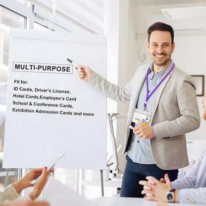 100Pcs Lanyards for ID Badges and 100 Pcs Clear Plastic Horizontal Name Badge ID Card Holders, Flat Neck Lanyards with Clip Waterproof Resealable Name Tag Badge ID Card Holders (Purple)