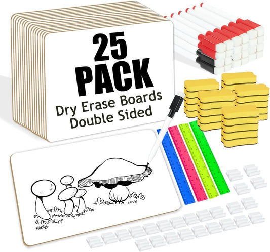 25 Pack Dry Erase Boards 9'' x 12'' Mini Double-Sided Whiteboards Safe Rounded Edges, Includes 25 Erasers, Markers, Rulers & 50 Clips, Perfect for Students, Teachers, School & Office Use