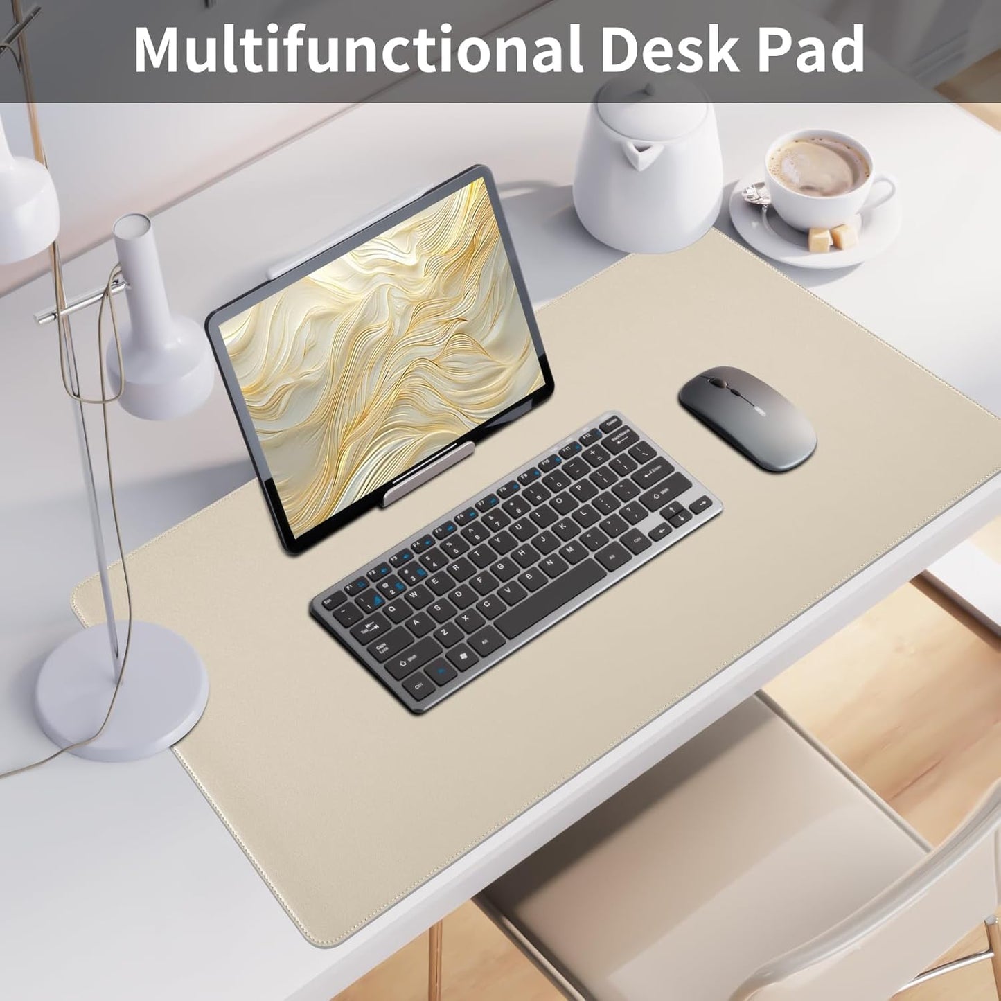 Beige Desk Mat with Stitched Edges, 31.5"×15.7" Keyboard Pad, Non-Slip Desk Protector Mat, Leather Desk Blotter, Waterproof Desk Pad for Office Home Decor