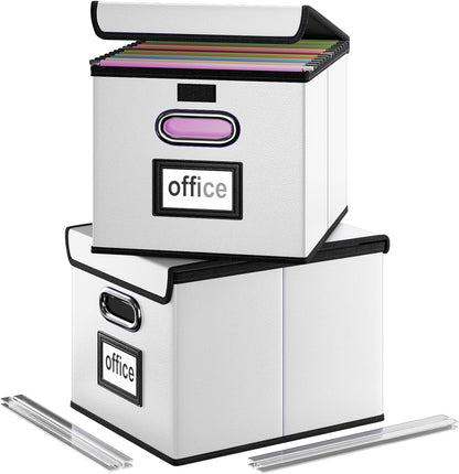 Huolewa Portable Leather File Organizer Boxes with Lids, Collapsible File Folder Organizer Boxes, Decorative Small Filing File Cabinet for Home/Office, Easily Store Documents/Hanging File Folders