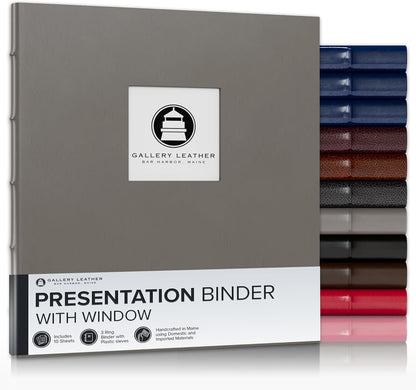 Gallery Leather 3 Ring Binder with Plastic Sleeves, Includes 10 Sheets, Sheet Size: 8.5" x 11" - Presentation Binder Rings with Window and Hubbed Spine, Thick: 0.75" Freeport Slate