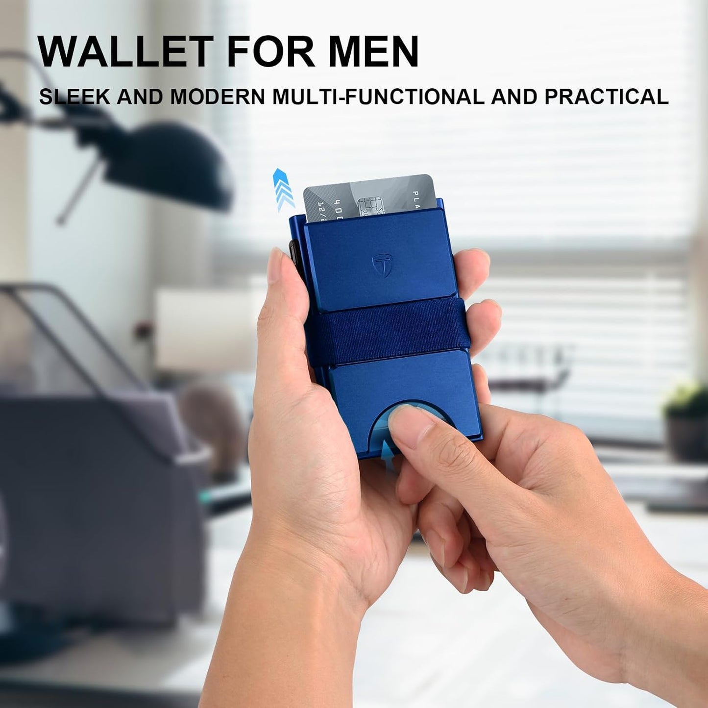 Slim Wallet for Men Aluminum Minimalist Pop Up Card Holder with RFID Blocking Protection Expandable Backplate Cash Band for Boyfriend/Dad/Friend,Holds 12+ Credit Card & Business Cards,Blue