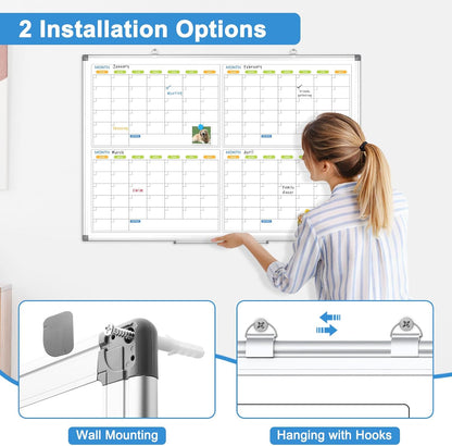 Dry Erase Calendar for Wall 4 Month, WALGLASS 36" x 24" Large Double-Sided White Board Calendar, Dry Erase Monthly Planner Board, Silver Aluminum Frame Hanging Wall Mounted for Office Home School