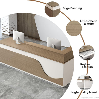 Modern Reception Desk – L Shaped Front Desk Checkout Counter with Drawers, Storage Cabinet and Double-layer tabletop for Office, Salon, Lobby, Cashier (White+Natural/Left, 71"L * 24"W * 39"H)