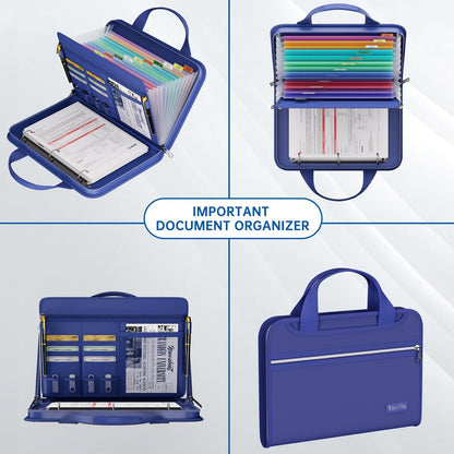 Fireproof Accordion File Organizer with Handle, 13 Pocket Expanding File Folder with Zipper & Labels, File Folder with 3 Ring Binder, Multi Pockets Paper Organizer Folder for Letter A4 Files (Blue)