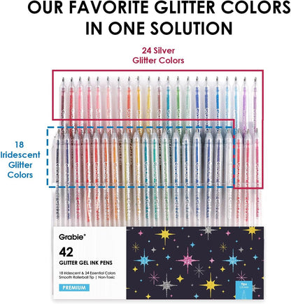 Grabie 42 Glitter Gel Pen Set, 18 Iridescent&24 Essential Color Pens, Smooth Rollerball Tip, Metallic Sparkly Gel Pens for Coloring (42 Colors Capped Glitter Gel Pens)