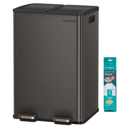 SONGMICS Trash Can, 2 x 8 Gallon (2 x 30 L) Dual-Compartment Garbage Can with Soft-Close Lid, Pedal and Inner Buckets, Stainless Steel, Includes 15 Liner Bags, Slate Gray ULTB741G01