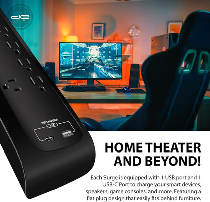 Digital Energy USB-C and USB-A 8 Outlet 8 Outlet 4200 Joules Surge Protector Power Strip, 3 Wide Spaced Outlets, 6 Foot 14/3 AWG Cord, Black