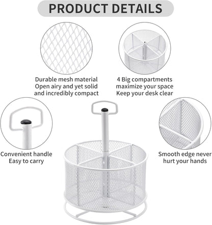Marbrasse Mesh Desk Organizer, 360-Degree Rotating Multi-Functional Pen Holder, 4 Compartments Desktop Stationary Organizer, Home Office Art Supply Storage Box Caddy (White)