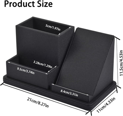 Pu Leather Desk Pen/Pencil Organizer Multi-Function Cell Phone/Remote Control Storage Box with 3 Compartments Office Supplies Sticky Note Tray Business Cards Holder,Black