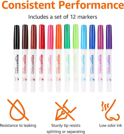 Amazon Basics Low Odor Ultra Fine Tip Dry Erase White Board Markers, Assorted Colors, 12-Pack