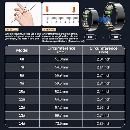 Smart Health Ring for Women Men, Fitness Tracker Ring with Heart Rate, Blood Oxygen, Sleep Tracker, Step Tracker, No Subscription Fee, IP68 Waterproof Smart Ring for iphone & Android (Black, 14#)