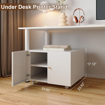 Under Desk Printer Stand with Wheels, Low Printer Stand Storage, Filing Cabinet with Paper Storage Shelf, File Carts with 2 Doors, Mobile Printer Holder for Home Office, School, White