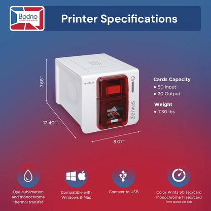 Evolis Zenius Single Sided ID Card Printer & Complete Supplies Package with Bodno Silver Edition ID Software