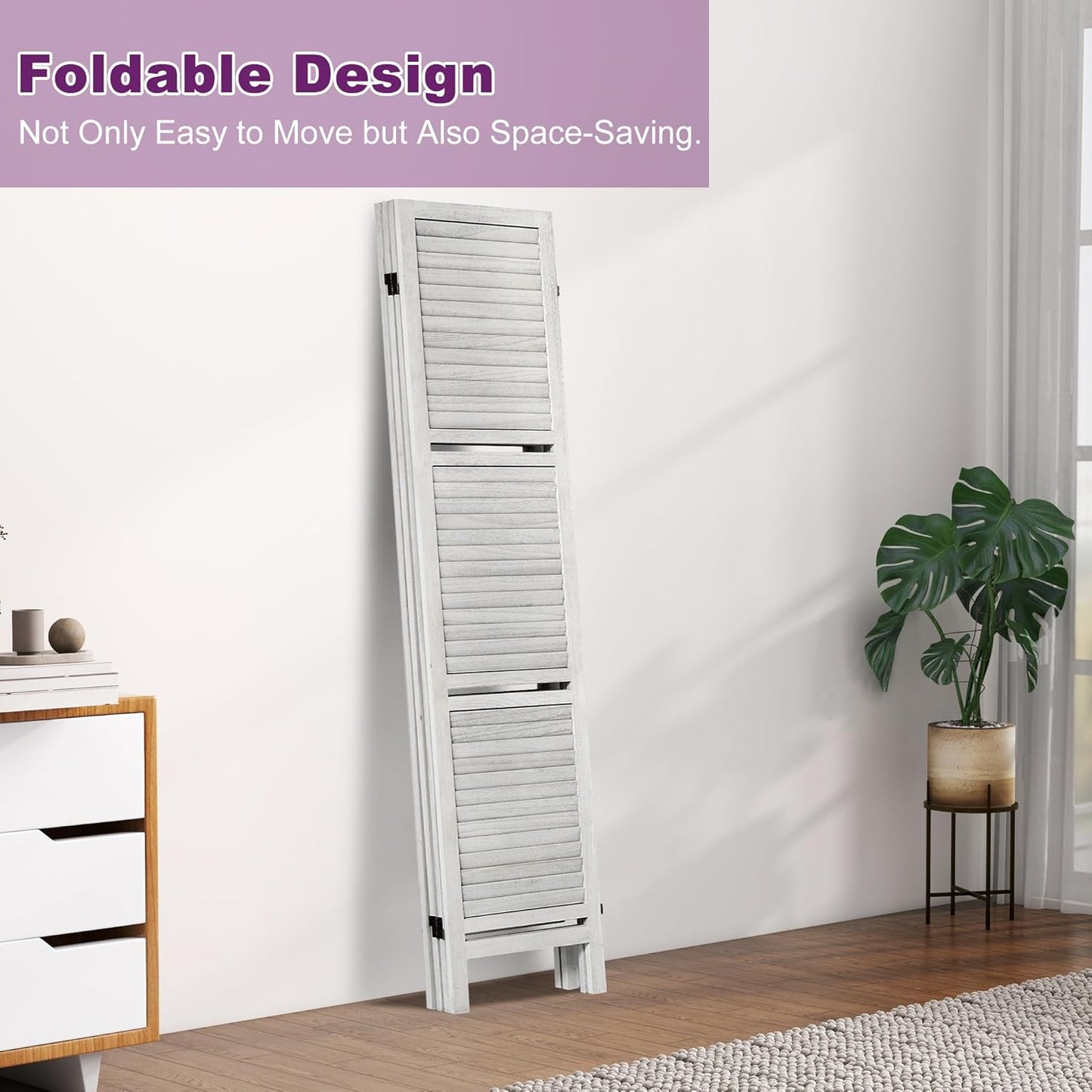 Room Divider with Shelves, 5.6FT Folding Room Divider Panel, 4 Panel Wood Partition Wall Divider for Room Separation, White