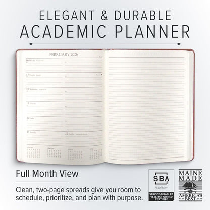 Gallery Leather Academic Planner 2025-2026, Teacher and Student Weekly Monthly Planner, Elegantly Bound Calendar with Gold-Gilded Page Edges, 18 Months - Acadia Malibu - 9x7"