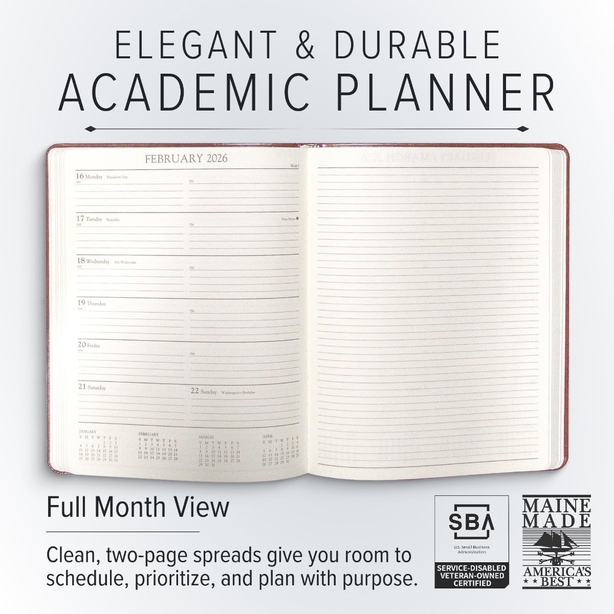 Gallery Leather Academic Planner 2025-2026, Teacher and Student Weekly Monthly Planner, Elegantly Bound Calendar with Gold-Gilded Page Edges, 18 Months - Acadia Cactus - 9x7"