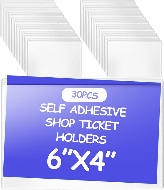 Outus Self Adhesive Shop Ticket Holders Clear Plastic Sleeves Adhesive Pockets Work Order Job Ticket Holders for Home Office Posting Signs(6 x 4 Inch,30 Pcs)
