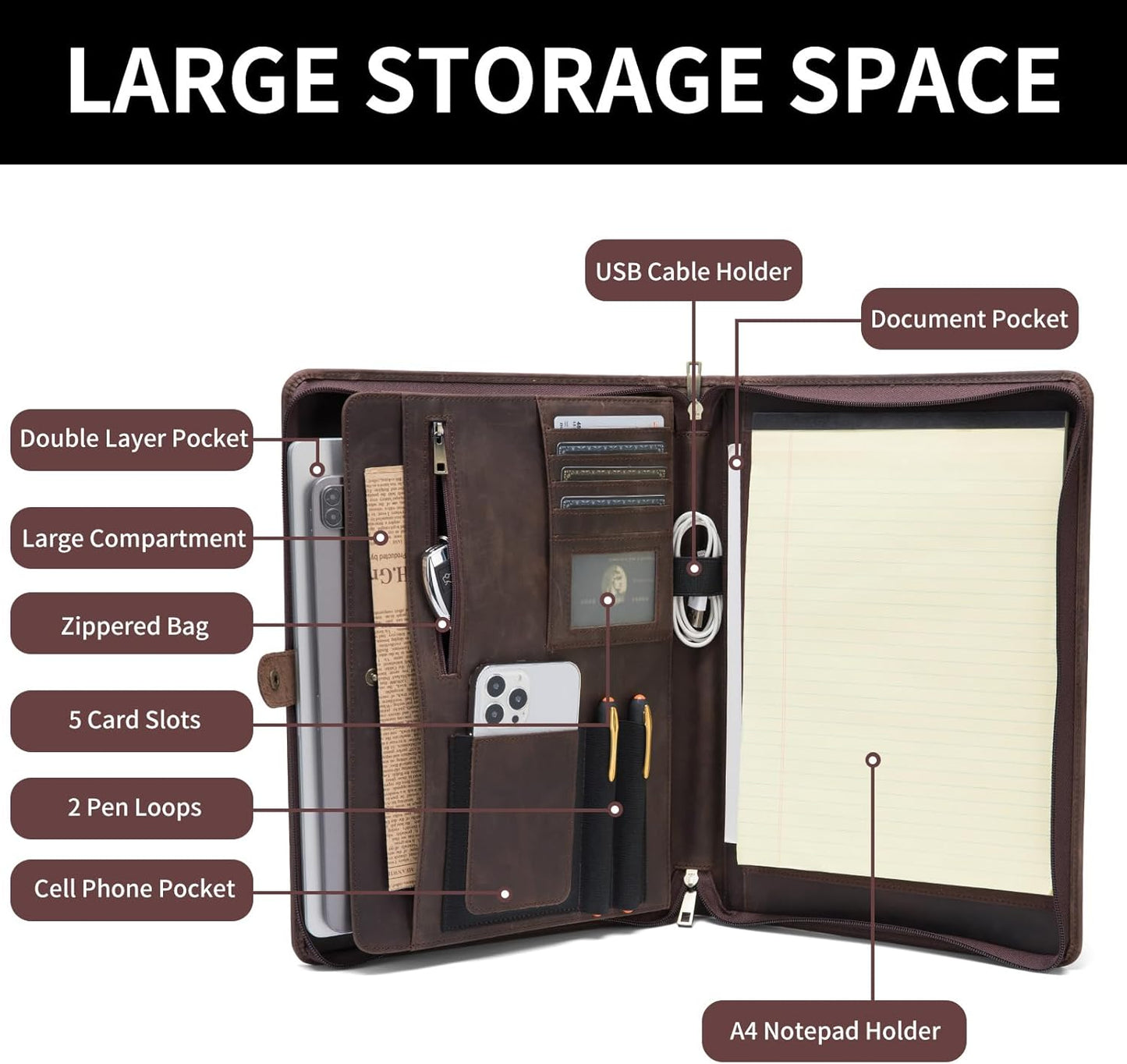 Genuine Leather Portfolio, Legal Size 8.5 x 14 Pad Holder, Business Padfolio for Men and Women, Zippered Laptop Organizer, Executive Professional Work Travel Notepad Folio, Dark Khaki