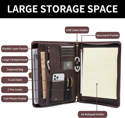 Genuine Leather Portfolio, Legal Size 8.5 x 14 Pad Holder, Business Padfolio for Men and Women, Zippered Laptop Organizer, Executive Professional Work Travel Notepad Folio, Dark Khaki