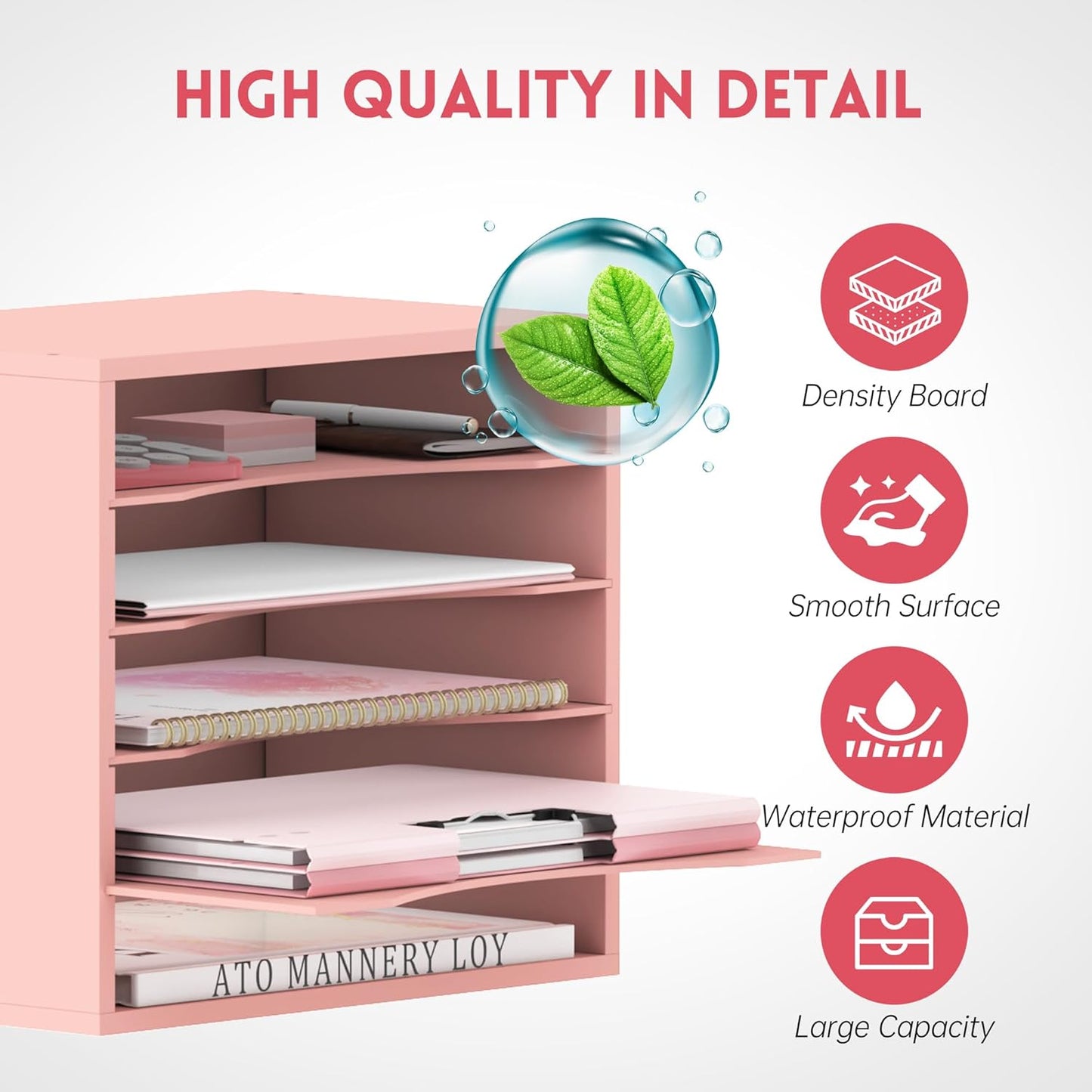 SUPEASY Wood Desk Organizer, 5 Tier Paper File Organizer for Desk, Wooden Desktop Organizer, Paper Letter Literature Mail Sorter, for Office School & Home Organization, Pink