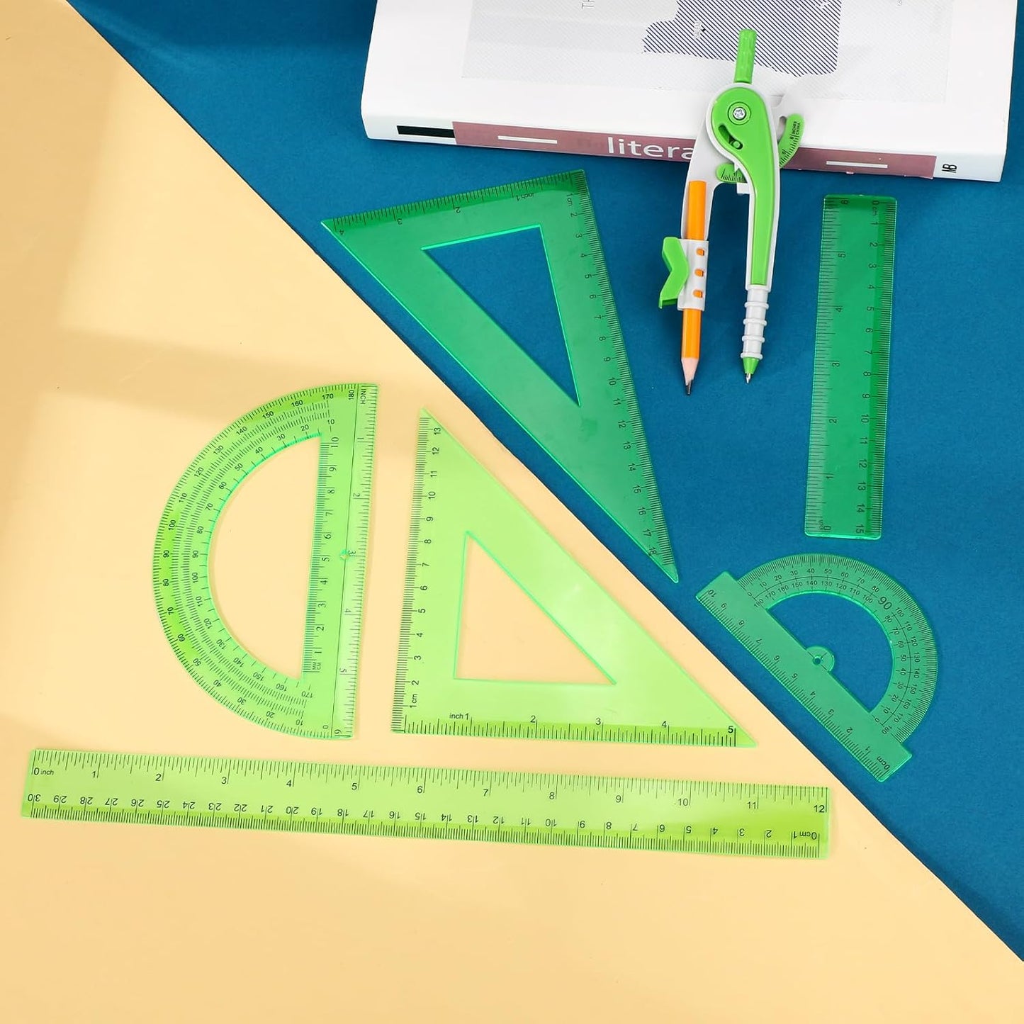 Zonon 1 Set Plastic Geometry Math Set 7 Pcs Includes 6'' / 4 '' Protractor, Drawing Compass, 45/60 Degree Triangle Rulers, 12'' / 6'' Math Ruler Transparent for Office Supplies(Green)