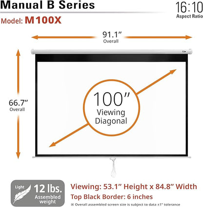 Elite Screens Manual B, 100-INCH 16:10, Manual Pull Down Projector Screen 4K / 8K Ultra HDR 3D Ready Auto-Lock Mechanism, 2-YEAR WARRANTY, M100X