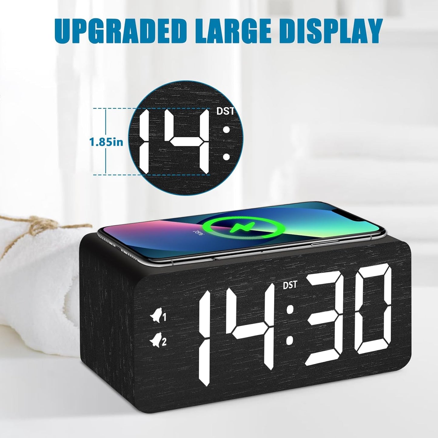 Wood Digital Alarm Clock with 10W Fast Wireless Charger, USB Charging Ports, DST, Dimmable, Snooze, Large Number LED Display for Bedrooms, Desk, Living Room Table, Bedside, Nightstand (Black)