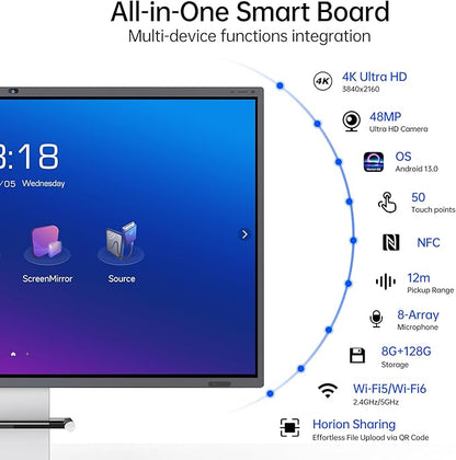 86 Inch 4K Smart Board - Google EDLA-Certified Interactive Whiteboard, 50-Point Touch, Wireless Casting - Digital Whiteboard for Classroom & Office & Home,300+ Free Apps (Board & Wall Mount Only)