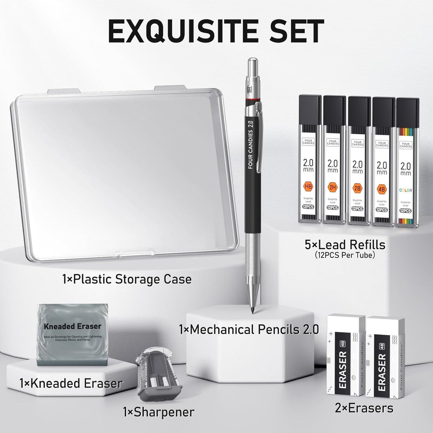 Four Candies 2MM Mechanical Pencil Set with case, Artist Led Pencil Metal Lead Holder with 60PCS Graphite Lead Refill (HB, 2H, 2B, 4B, Color) Kneaded Eraser, Sharpener for Writing, Drawing, Sketching