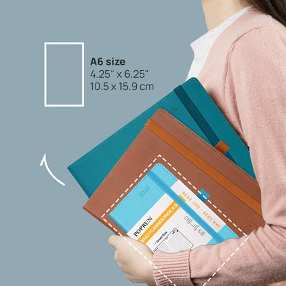 POPRUN Daily Planner 2026 (Jan - Dec), (Purse Size-4.25" x 6.25") 2026 Daily Calendar with One Page Per Day Even Weekends, Hourly Appointment Book with Pocket, PU Leather Softcover - Grey