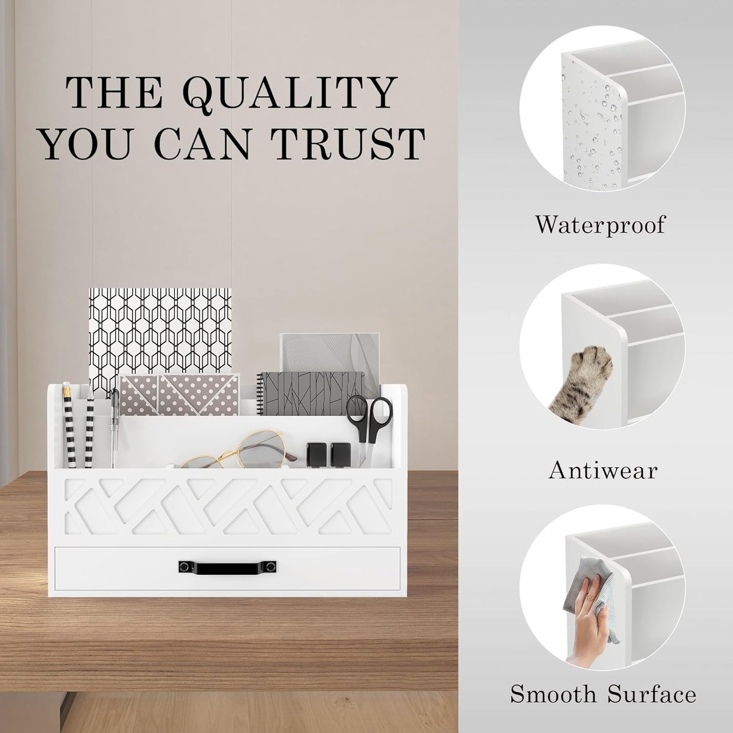 Bamboo Mail Organizer Countertop Wood Desk Organizer Drawer Tabletop Storage Box Letter Sorter Makeup Organizer for School Home Office Supplies White