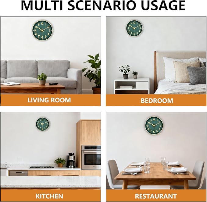 Modern Wall Clock, 10 Inch Digital Wall Clocks Battery Operated, Round Non Ticking Silent Analog Clock for Bedroom Living Room Kitchen Office Gym Classroom Decor, Gold Green Battery Clock