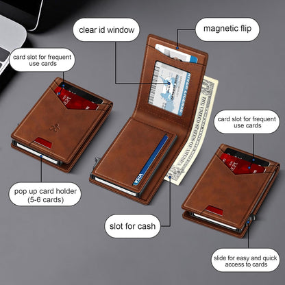 Wallet for Men Wallet with Slim Pop Up Card Holder for 12-14 Cards, RFID Blocking Bifold Minimalist Smart Wallet, Credit Card Holder with ID Window & Cash Slot, Compact Metal Card Case, Gifts for Men