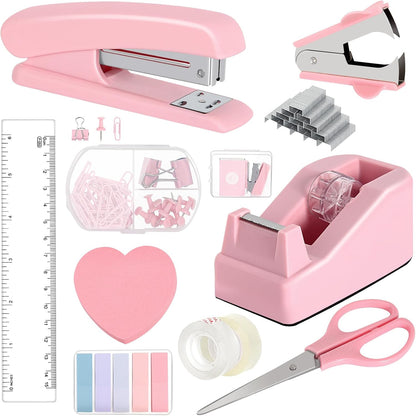 Office Desk Accessories, Pink Office Supplies Set Desk Accessories for Women, Cute Office Supplies with Stapler, Mini Stapler, Staple Remover, Tape, Clips, Scissor and Tabs, Stationary Set for Student