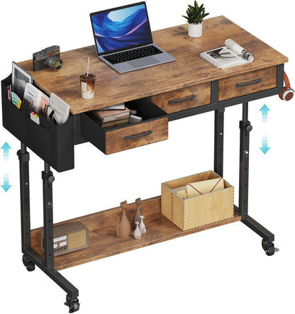 Rolling Standing Desk Adjustable Height with Drawers on Wheels, 40 Inch Portable Mobile Stand Up Computer Desks for Bedroom Home Office, Couch Sofa Side Laptop Table with Storage, Rustic Brown