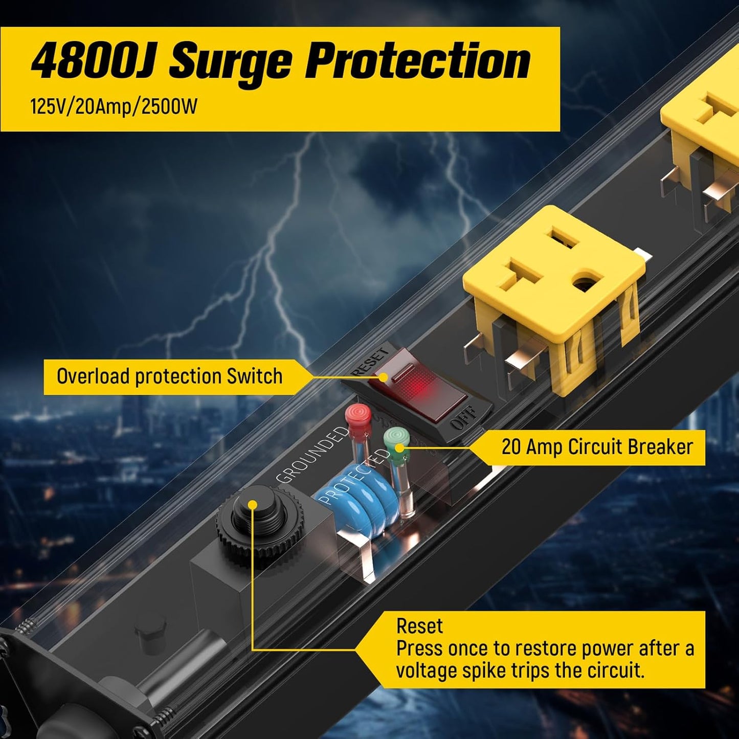HHSOET 16 Outlet Long Power Strip, 15FT Heavy Duty Power Strip with 4800J Surge Protection, 20a Mountable Wide-Spaced Outlets for Home, Office, Garage & Workshop - ETL Certified