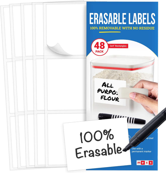 MESS Reusable Kitchen Labels – White Dry Erase, 3x4 in, 48-Pack – Erasable Organizing Stickers for Fridge & Freezer