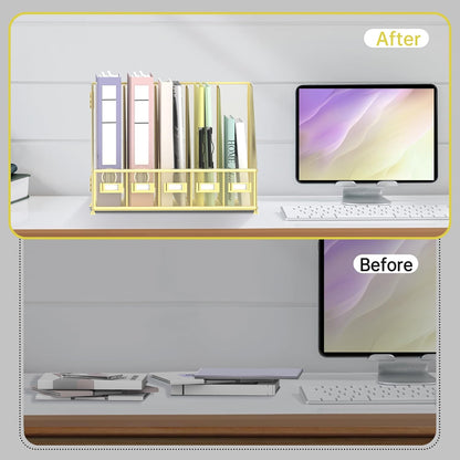 SUPEASY Desk Organizers Metal Desk Magazine File Holder with 5 Vertical Compartments Rack File Organizer for Office Desktop, Home Workspace, Gold Plus