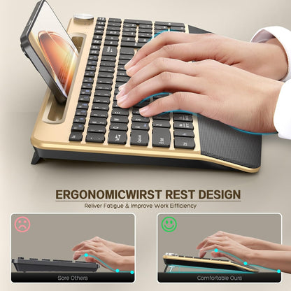 JOYACCESS Ergonomic Wireless Keyboard with Wrist Rest, Phone/Tablet Holder,Windows & Mac OS, 2.4 GHz Wireless, Full-Size,Quiet Keyboard Compatible for Laptop,PC, Mac, Windows -Black Glod