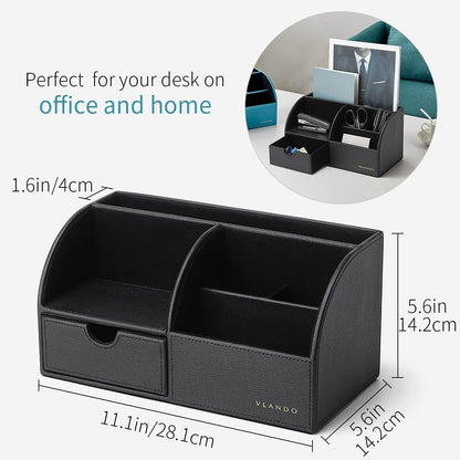 Vlando Office Desk Organizer Leather Desktop Organizer Caddy with Drawer for Storing Desktop Supplies and Accessories (Black Set)