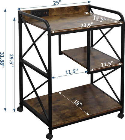 Printer Stand, Printer Table with Storage Shelf for Home Office, 23 x 18 Inch Large Home Printer Stand with Power Outlet USB Port, Printer Cart, PC Tower Stand, Vintage Brown