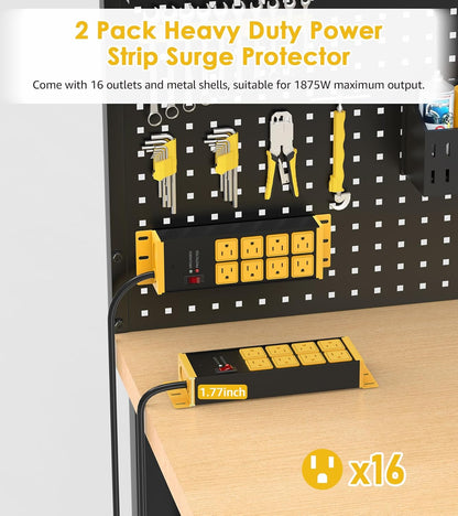 HHSOET 2 Pack Heavy Duty Power Strip 8 Outlets, Metal Wall Mount Outlet Strip 4800J Surge Protector, Garage Shop Under Desk Mountable 10FT Extension Cord Plug.
